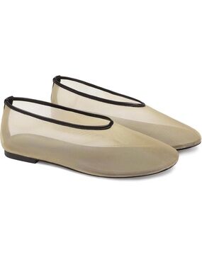 Sheer Mesh Ballet Flats with Black Trim - Beige